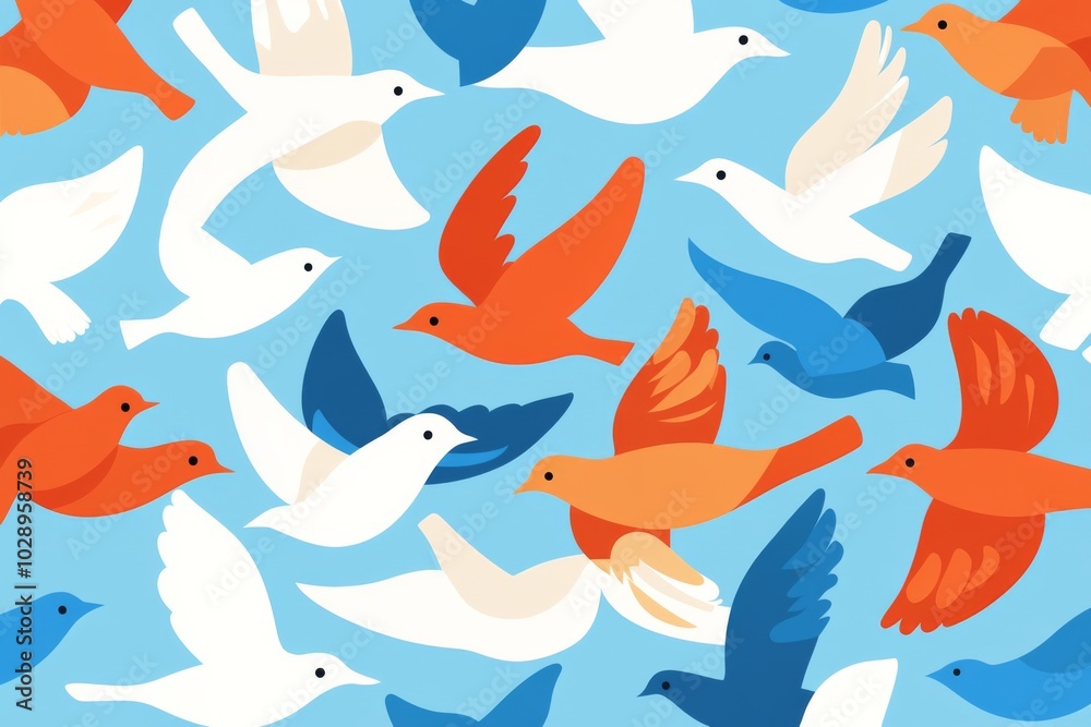 Fototapeta premium A blue sky with many birds flying in different directions. The birds are of various colors and sizes, creating a lively and dynamic scene