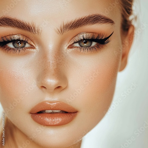 Glamour close-up portrait of beautiful woman model face with winged black eyeliner make-up, clean skin on white background. Long eyelashes and thick eyebrows.