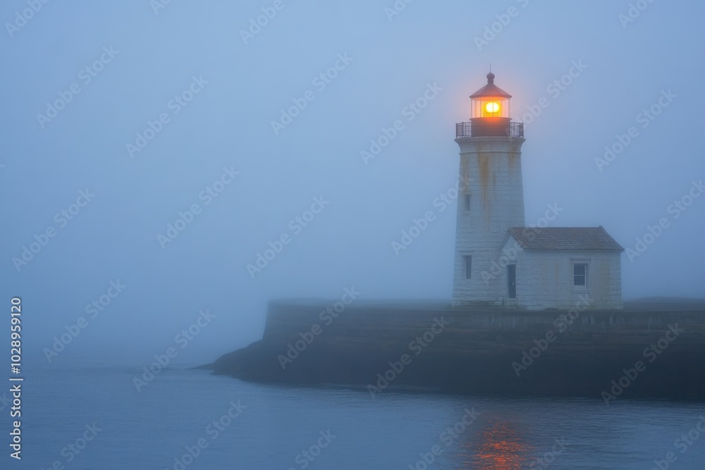 Lighthouse glowing in the early morning fog