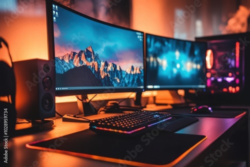 Gaming room with a triple monitor setup and LED strip lights