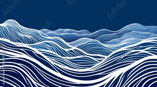 The image is a blue and white wave with white lines. The waves are very long and the water is very deep