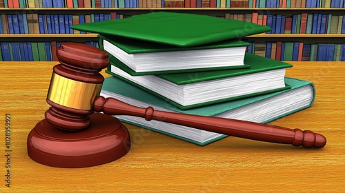 A court gavel, stack of law books, and a mortarboard on a desk in a library, symbolizing the study of legislation and justice.