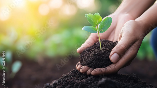 Nurturing young plant, hands gently cradle rich soil, symbolizing growth and care in vibrant garden setting