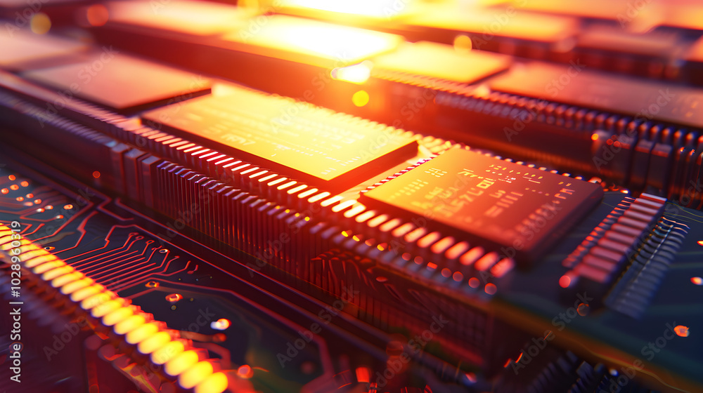 A computer chip is lit up with a rainbow of colors. A computer chip is lit up with a rainbow of colors.