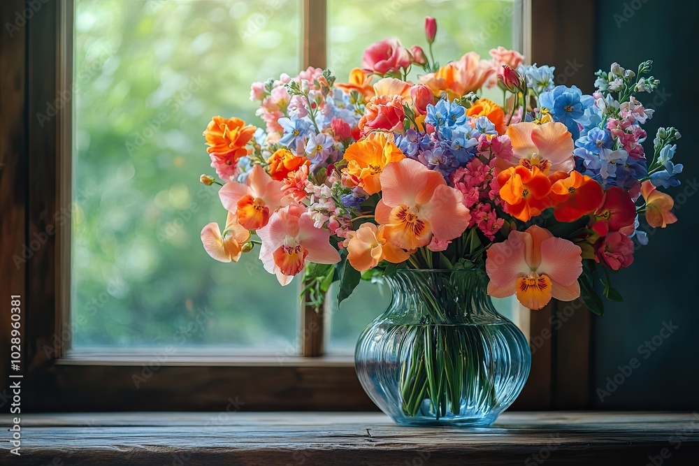 Fototapeta premium The bouquet of orchid and other flowers artfully arranged in a glass vase on a wooden table in a rustic style. Still life