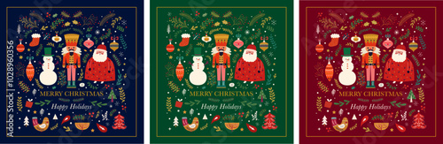 Classic Christmas greeting illustrations with funny Santa Claus, nutcracker and snowman. Big Christmas collection in Scandinavian style with traditional Christmas and New Year elements. 