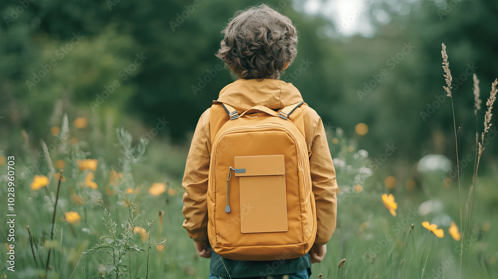 Fototapeta premium A young boy stands in vibrant field of flowers, wearing bright yellow backpack and matching jacket. scene captures sense of adventure and exploration in nature