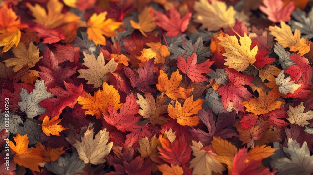3D illustration of a dynamic pile of autumn leaves in vibrant reds, oranges, and yellows, featuring detailed maple, oak, chestnut leaves in various shapes, evoking the beauty of fall 3D illustration of a dynamic pile of autumn leaves in vibrant reds, oranges, and yellows, featuring detailed maple, oak, chestnut leaves in various shapes, evoking the beauty of fall
