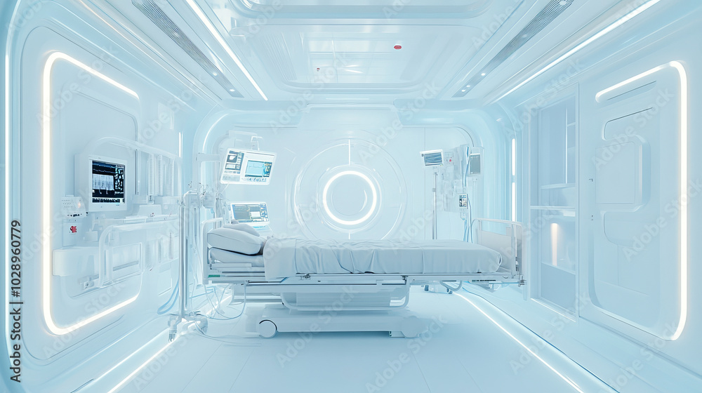 A modern hospital room featuring clean, sterile environment with advanced medical equipment. bright, white design creates calming atmosphere, ideal for patient recovery A modern hospital room featuring clean, sterile environment with advanced medical equipment. bright, white design creates calming atmosphere, ideal for patient recovery