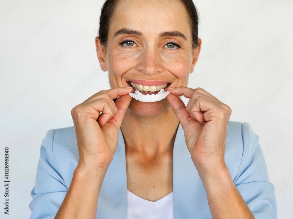 Woman demonstrates applying aligner while smiling Woman demonstrates applying aligner while smiling
