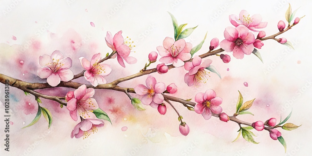 Obraz premium Hand-drawn watercolor cherry blossom branch with delicate flowers, perfect for home decor and stationery. Capture the beauty of Sakura art in your