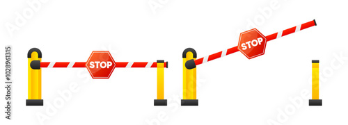Open and Closed Car Barriers with stop signs. Automatic car barrier gate. Parking payment machine with barrier. Vector illustration.