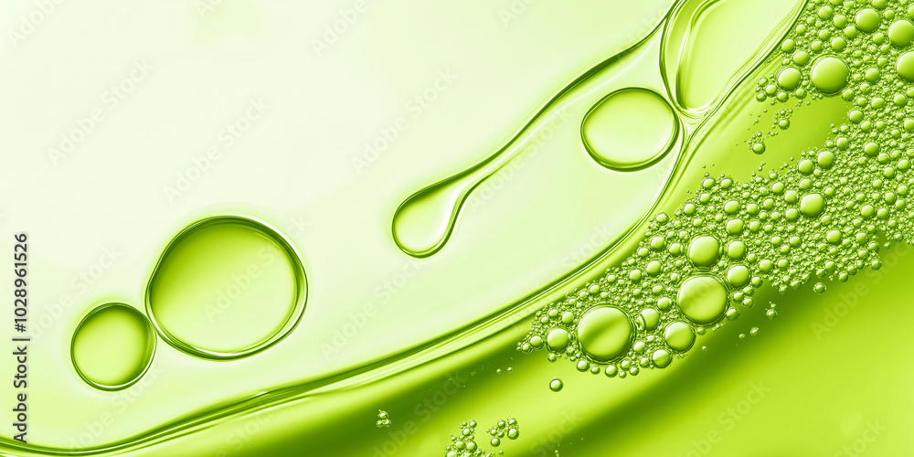 Macro photography of green bubbles floating on liquid surface creating abstract background