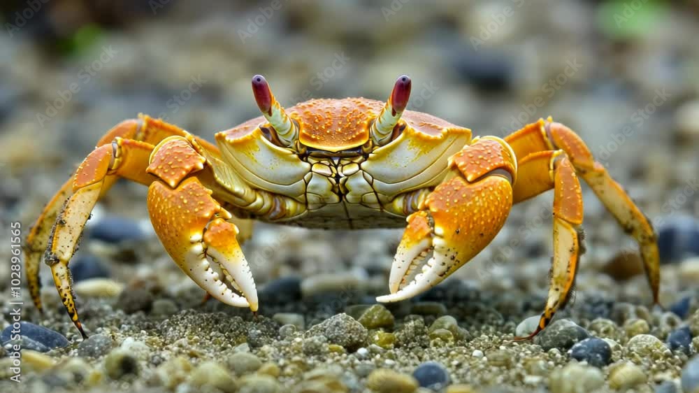 A close-up of a vibrant orange crab on a sandy surface. A close-up of a vibrant orange crab on a sandy surface.