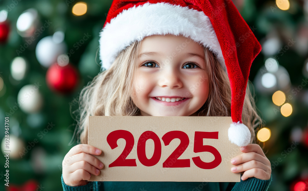 Smiling child in Santa hat holding Smiling child in Santa hat holding