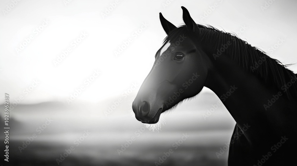 Obraz premium A black horse is standing in a field with a white background. The horse's head is turned to the right, and its eyes are looking straight ahead. The image has a serene and peaceful mood