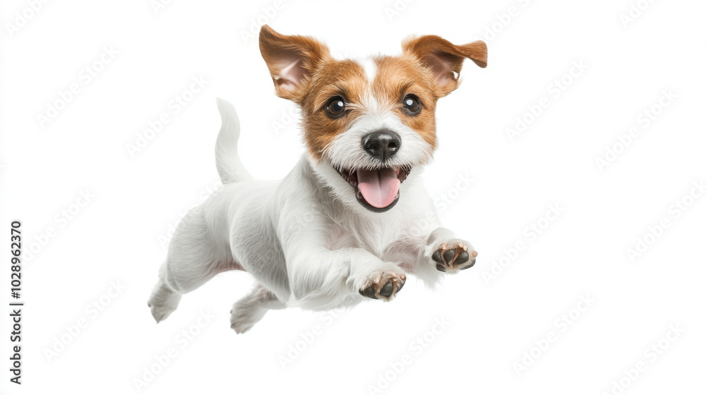A joyful dog leaps in mid air, showcasing its playful spirit and energy. white and brown fur adds to its charm, making it delightful sight A joyful dog leaps in mid air, showcasing its playful spirit and energy. white and brown fur adds to its charm, making it delightful sight