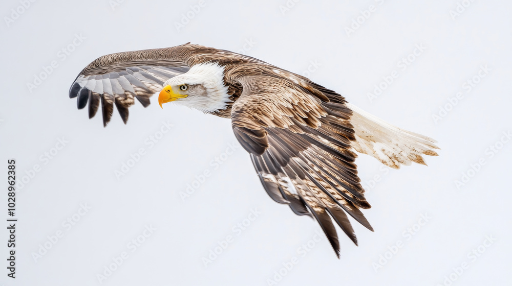 Fototapeta premium Majestic eagle soaring through sky, showcasing its powerful wings and striking features. This magnificent bird embodies freedom and grace in its flight