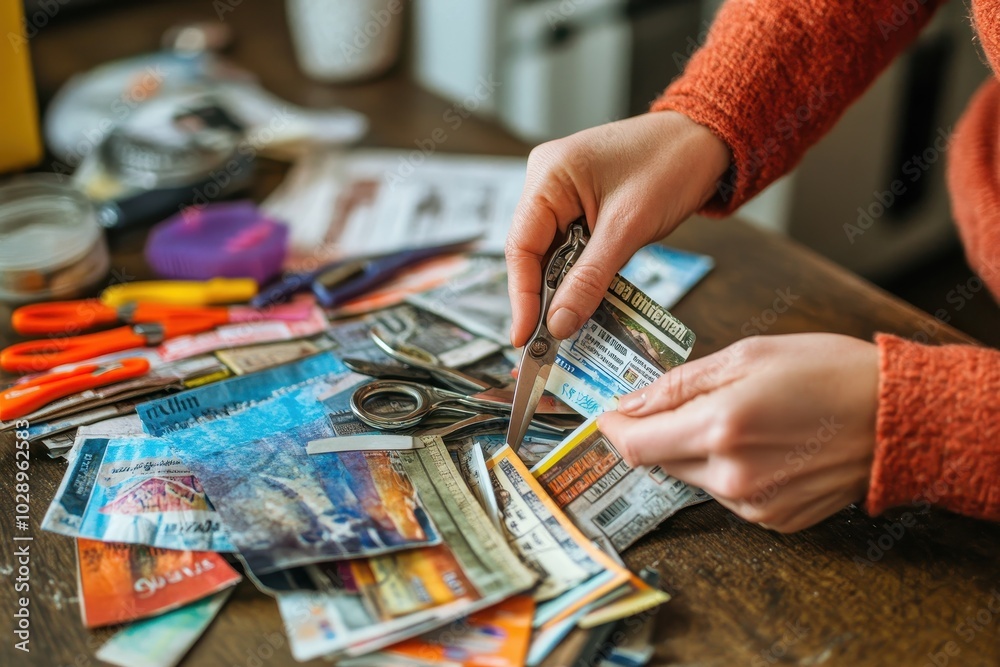 Coupon Clipping: Hands cutting out coupons from a colorful newspaper insert on a kitchen table, with scissors and a pile of clipped coupons scattered around Coupon Clipping: Hands cutting out coupons from a colorful newspaper insert on a kitchen table, with scissors and a pile of clipped coupons scattered around