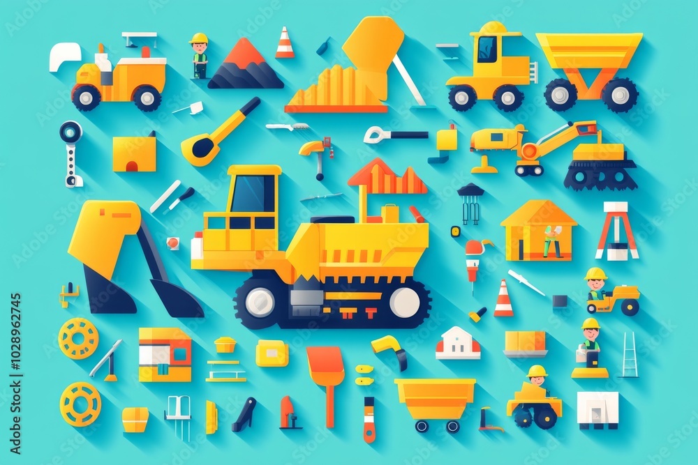 A collection of construction vehicles and tools are shown in a blue background. The vehicles include a bulldozer, a crane, and a dump truck. The tools include a hammer, a wrench, and a screwdriver A collection of construction vehicles and tools are shown in a blue background. The vehicles include a bulldozer, a crane, and a dump truck. The tools include a hammer, a wrench, and a screwdriver