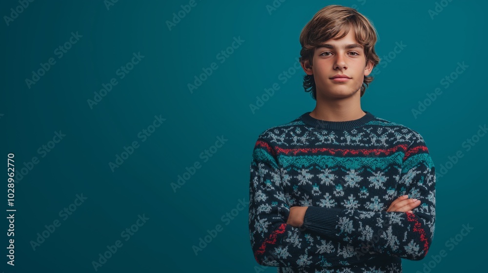 portrait of a young man with brown eyes and medium-length hair, wearing Christmas sweaters with snowflake patterns, posing with arms crossed in front of a teal background for a photo shoot portrait of a young man with brown eyes and medium-length hair, wearing Christmas sweaters with snowflake patterns, posing with arms crossed in front of a teal background for a photo shoot