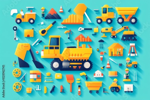 A collection of construction vehicles and tools are shown in a blue background. The vehicles include a bulldozer, a crane, and a dump truck. The tools include a hammer, a wrench, and a screwdriver