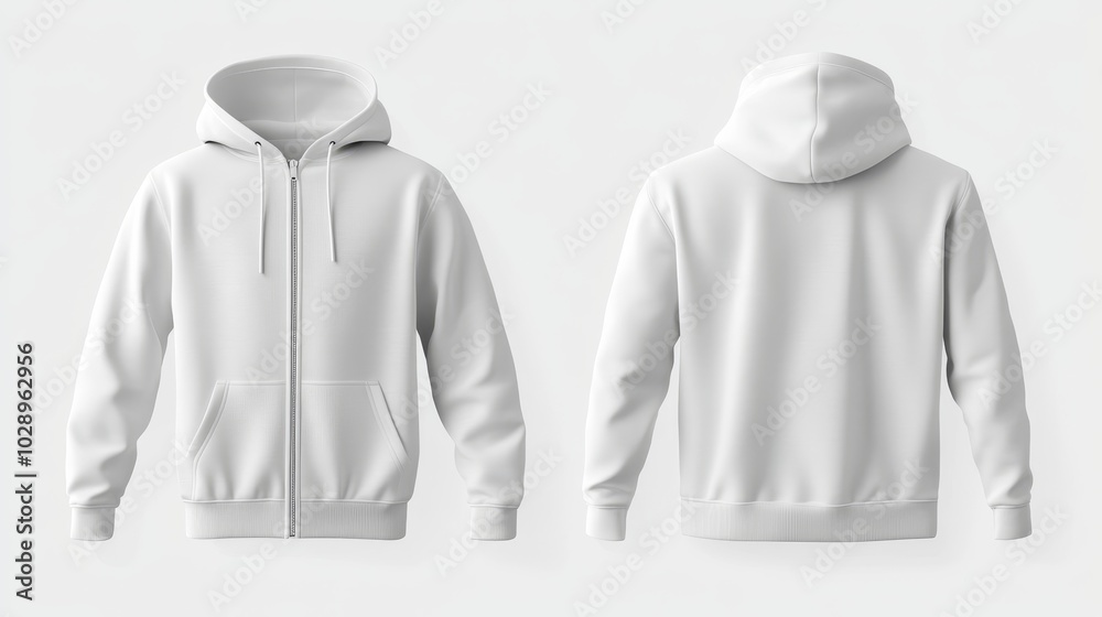 White zip-up hoodie mockup. Zipper hoodie. Front and back hoodie template White zip-up hoodie mockup. Zipper hoodie. Front and back hoodie template