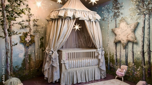 A crib in a nursery with a canopy and a mural of a forest with stars and a fairy.