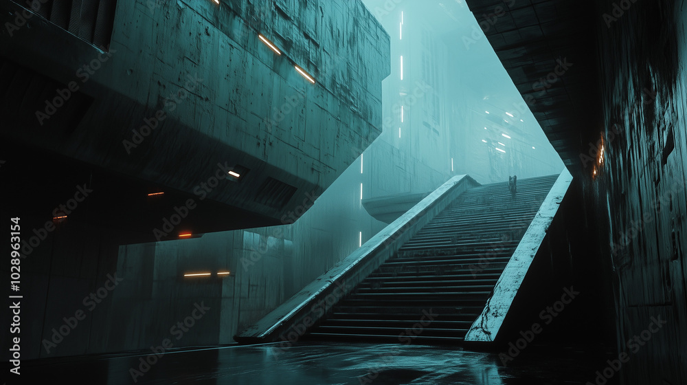 Futuristic, dark architectural scene with wet surfaces, glowing neon lights, and ascending stairs into foggy depths