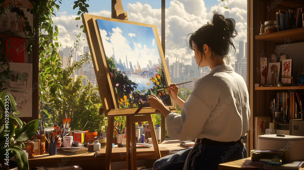 Young woman painting landscape on canvas in cozy studio, surrounded by greenery, with urban skyline visible through window Young woman painting landscape on canvas in cozy studio, surrounded by greenery, with urban skyline visible through window