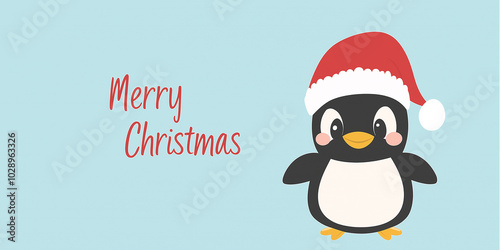 Cute penguin wearing santa hat wishing merry christmas