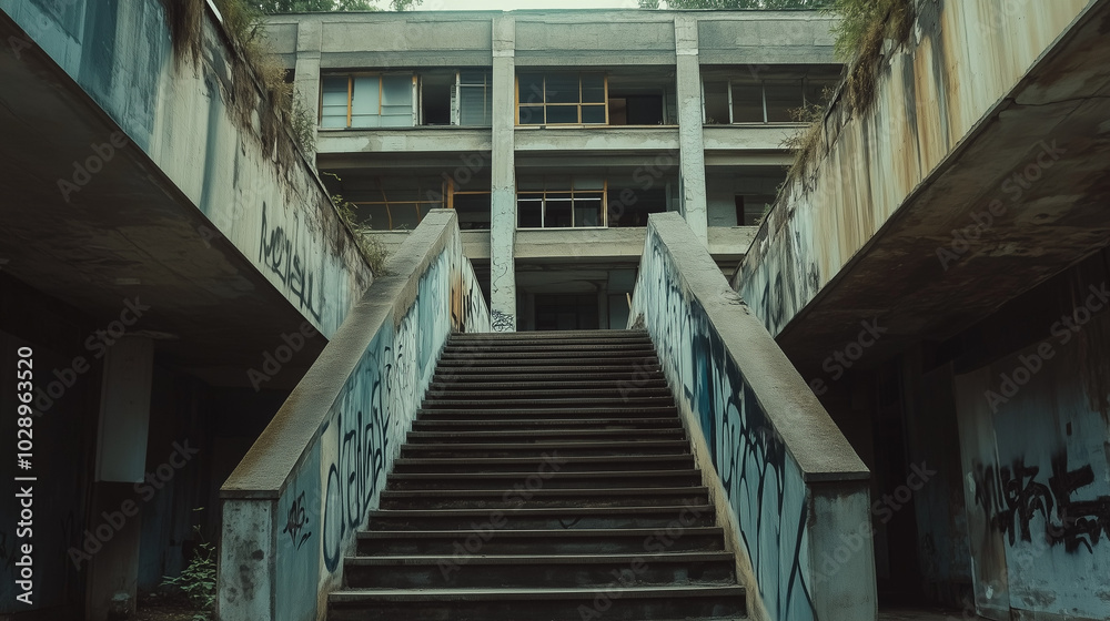 Fototapeta premium Exterior of an old, derelict building with graffiti on walls and overgrown plants