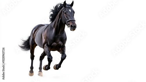 A black horse is running on a white background. The horse is the main focus of the image, and it is in motion, possibly galloping or running