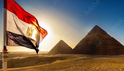 夕日に照らされたエジプトのギザの大ピラミッドとエジプトの国旗（The Great Pyramid of Giza, Egypt and the Egyptian flag illuminated by the setting sun.） 