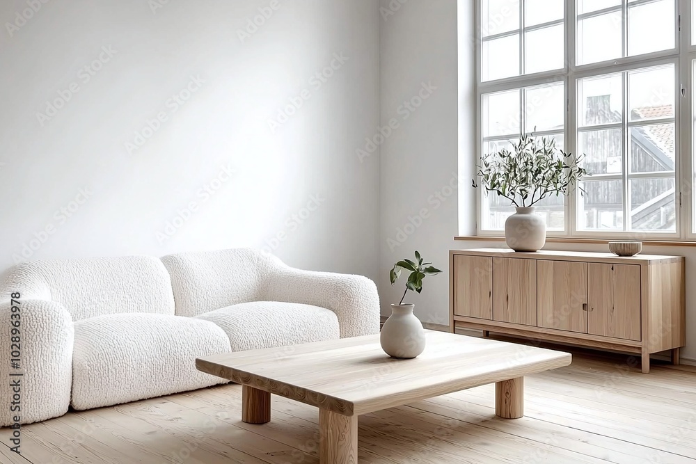 Fototapeta premium Minimalist, modern Scandinavian interiors in the living room with windows and sofas and wood cabinets. Generative AI 