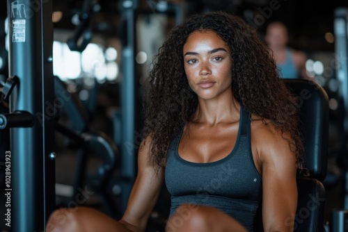 This image showcases a determined woman exercising in a gym, demonstrating strength and focus. Her toned muscles are highlighted, symbolizing dedication to fitness.