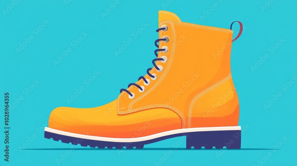 A yellow boot with a black laces. The boot is on a blue background. The boot is the main focus of the image