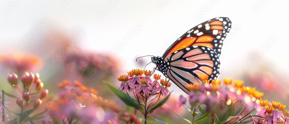 Butterfly on Colorful Flowers in Soft Light Butterfly on Colorful Flowers in Soft Light