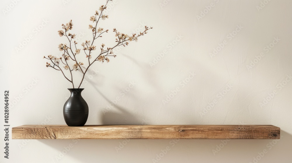 A Black Vase with Dried Flowers on a Wooden Shelf Against a White Wall A Black Vase with Dried Flowers on a Wooden Shelf Against a White Wall