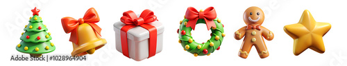 A 3D Christmas icon set featuring a variety of festive objects like a Christmas tree, gift boxes, wreaths, and a gingerbread man. Isolated on a transparent background, perfect for holiday designs.