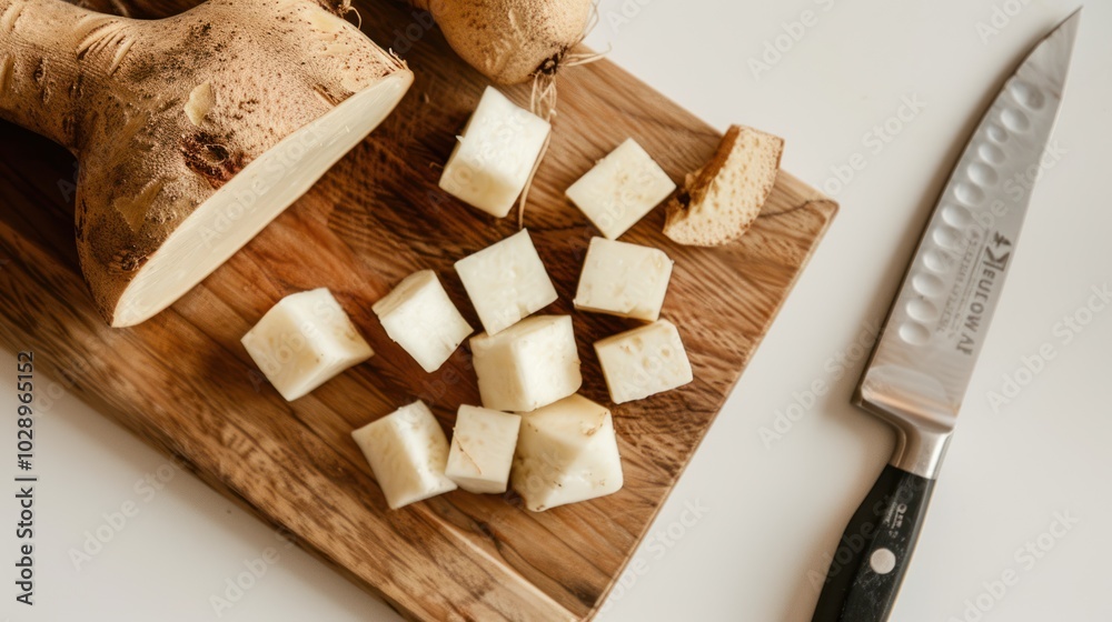 Chopped Parsnip Root On A Wooden Cutting Board