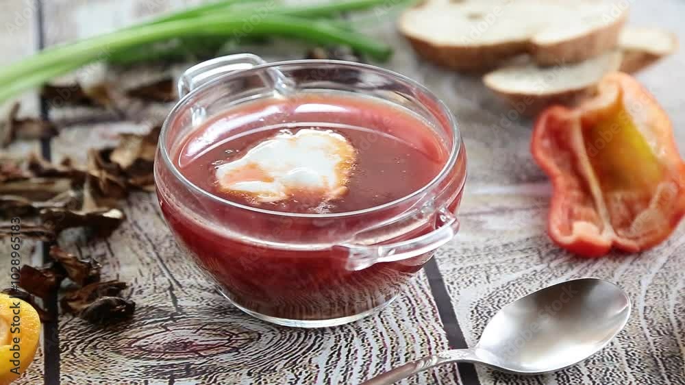 Lenten borscht with dried mushrooms and vegetables, on a light wooden table Lenten borscht with dried mushrooms and vegetables, on a light wooden table