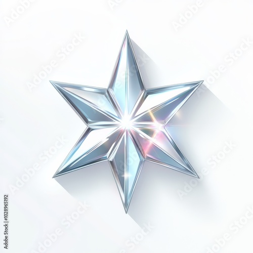 A shiny Christmas star icon on a blank white background, illuminated by light reflections and casting soft shadows