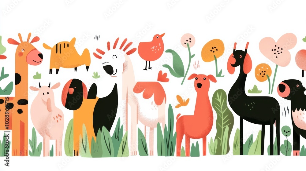 A group of animals are standing in a line, including a giraffe, a dog, a cat, a bird, and a cow A group of animals are standing in a line, including a giraffe, a dog, a cat, a bird, and a cow