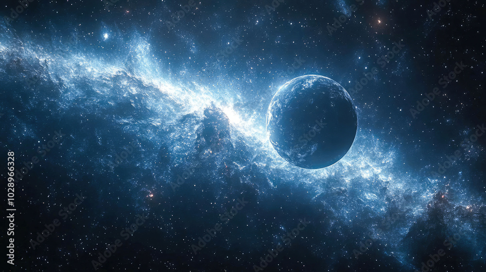 Obraz premium A solitary planet floats in the vastness of space with a glowing galaxy behind it. This stunning cosmic artwork captures the quiet solitude of the universe