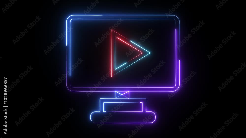 Neon icon representing a computer monitor displaying a play button, symbolizing online video streaming Neon icon representing a computer monitor displaying a play button, symbolizing online video streaming
