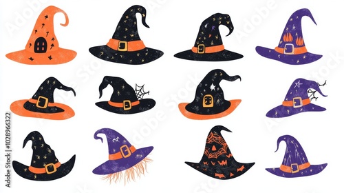 vector set of cute cartoon Halloween witch hats on a white background, perfect for greeting cards, scrapbooking, and vector graphics, featuring vibrant purple, orange, and black color palettes