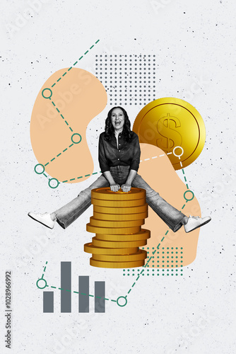 Composite trend artwork sketch image photo collage of aged lady businesswoman sit pile golden coins dollar money graphics workspace photo