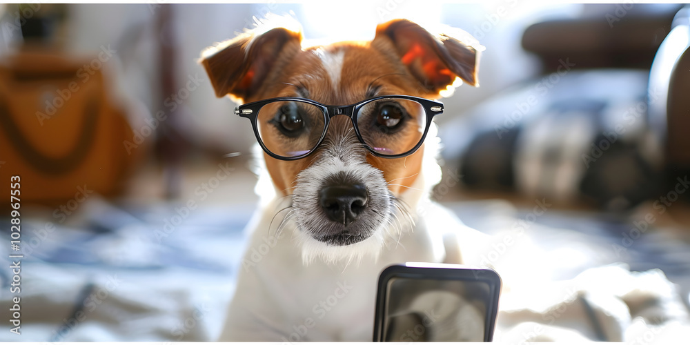 Cute Jack Russell Terrier Wearing Glasses on a Book with Yellow Background banner. book lover, character design, lighthearted, Cute Jack Russell Terrier Wearing Glasses on a Book with Yellow Background banner. book lover, character design, lighthearted,