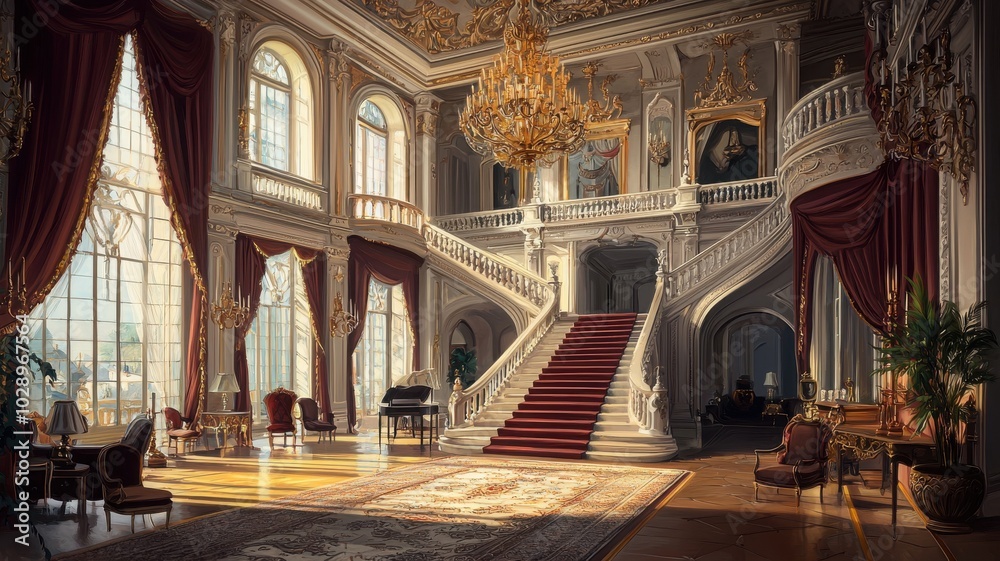 Fototapeta premium Opulent mansion interior with grand staircase and chandelier, elegant furnishings.